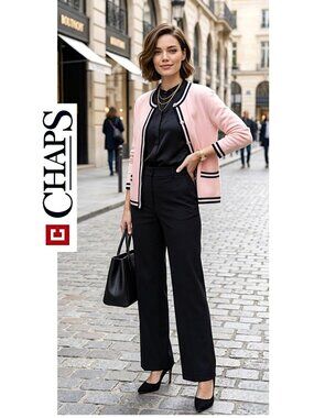 CHAPS - 100% cotton pink button up cardigan with navy striped trim detail